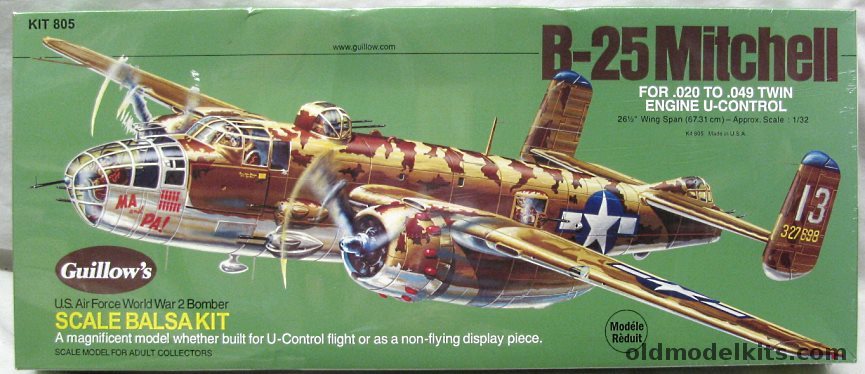 Guillows 1/32 B-25 Mitchell - 26.5 Inch Wingspan Gas Model For U-Control or Static Display, 805 plastic model kit